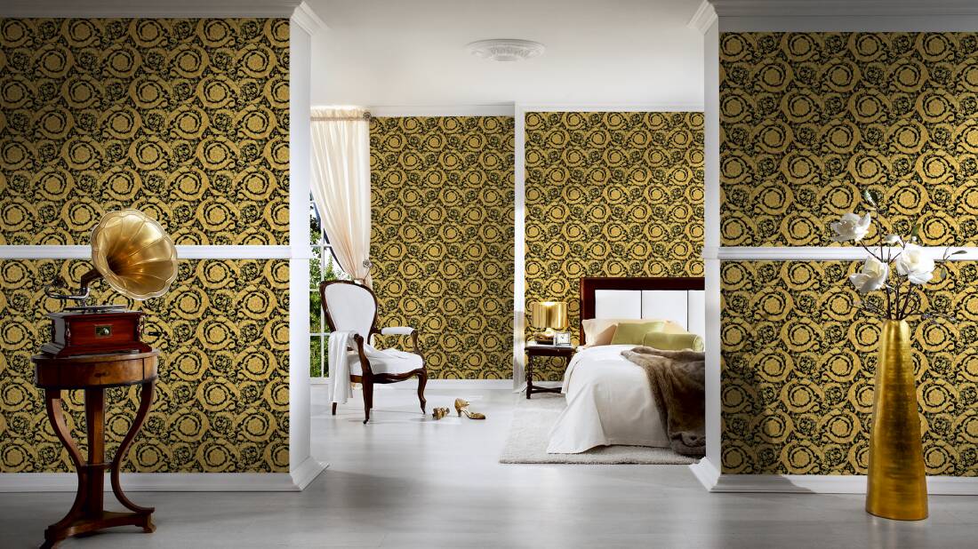 VERSACE HOME WALLPAPER «FLOWERS, BLACK, GOLD, METALLIC» 935834