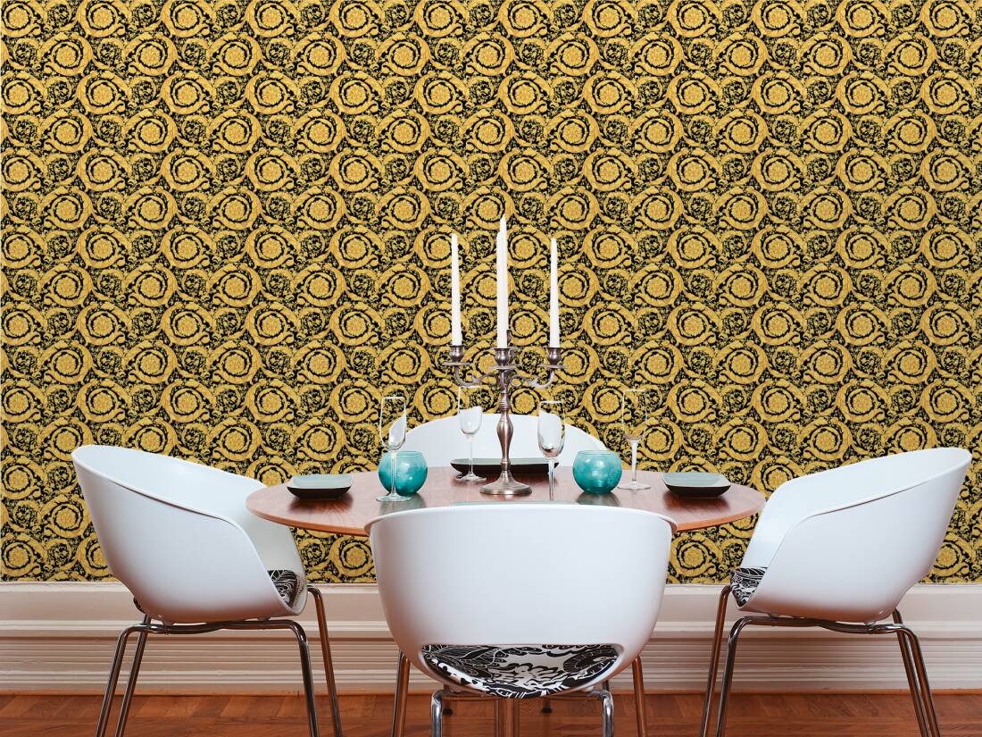 VERSACE HOME WALLPAPER «FLOWERS, BLACK, GOLD, METALLIC» 935834